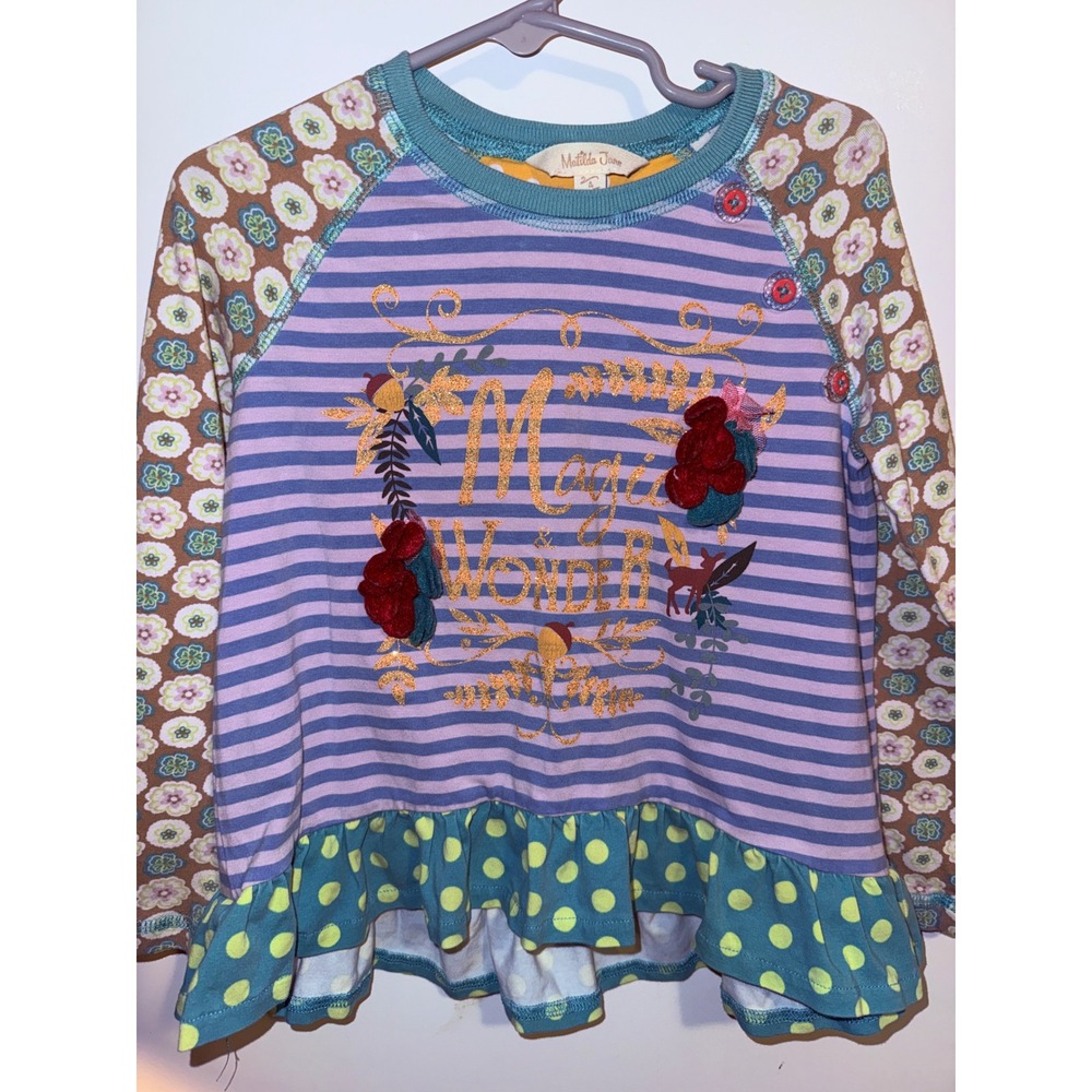 Matilda Jane Girls Magic and Wonder Long Sleeve Ruffle Top Purple Striped Size 4